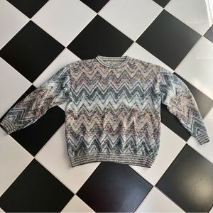 Vintage 80s Chunky Crochet Sweater Unisex Chevron Confetti Rainbow Colorful XL